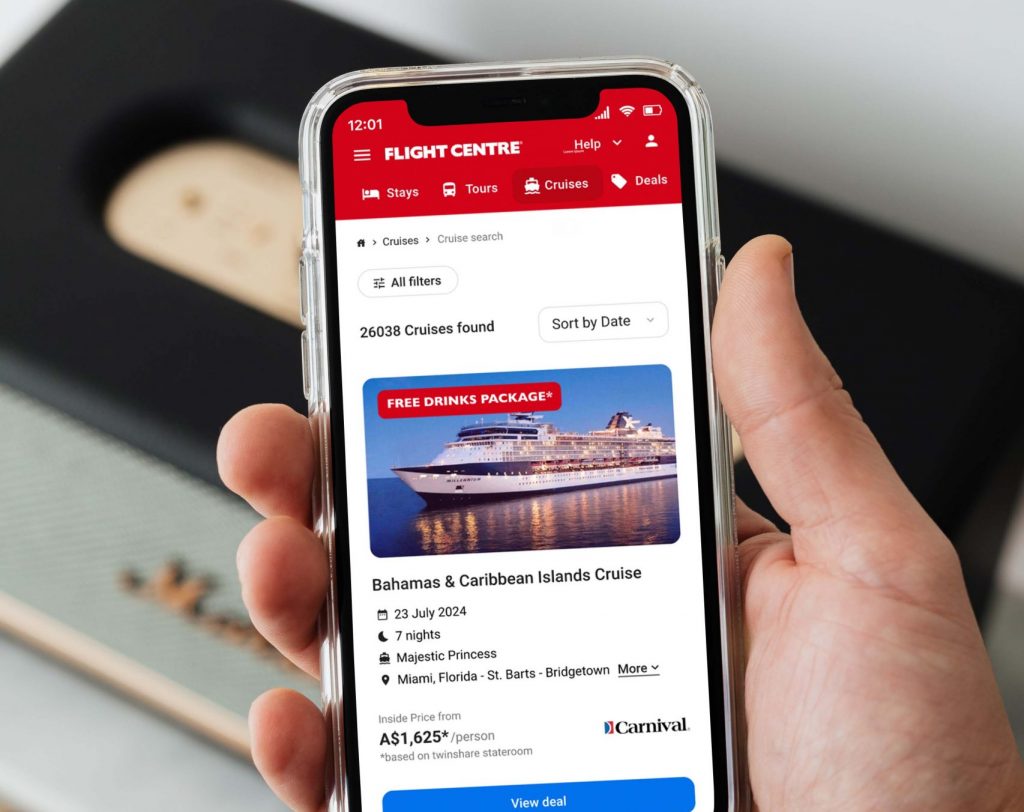 Flight Centre cruise search on a phone, showing results for a Bahamas and Caribbean cruise