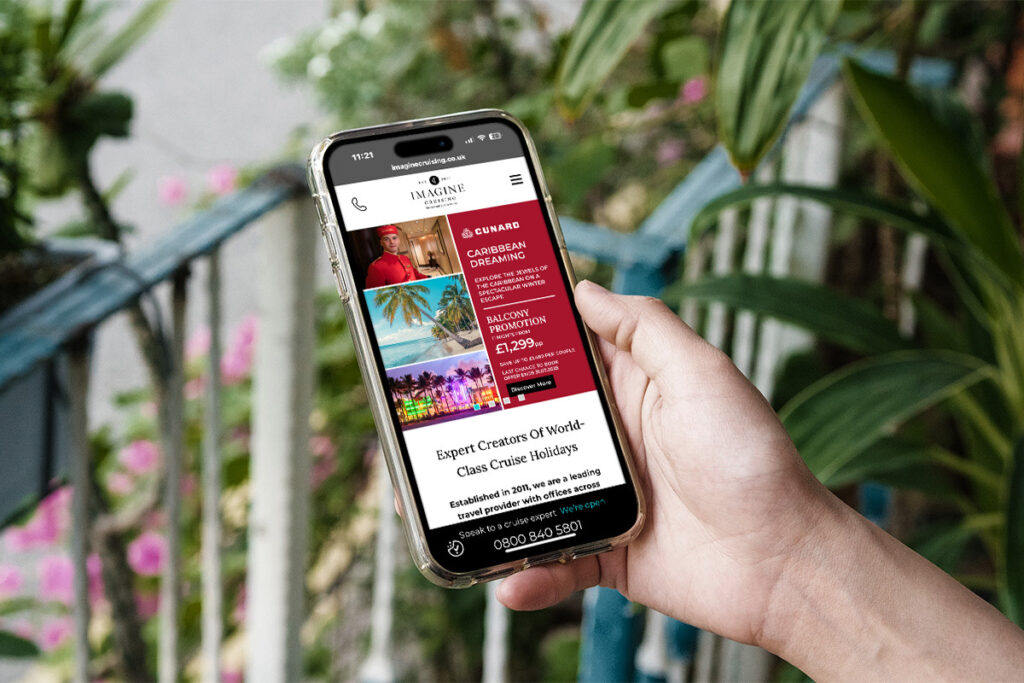 The Imagine Cruising mobile site showing a Cunard Caribbean cruise offer