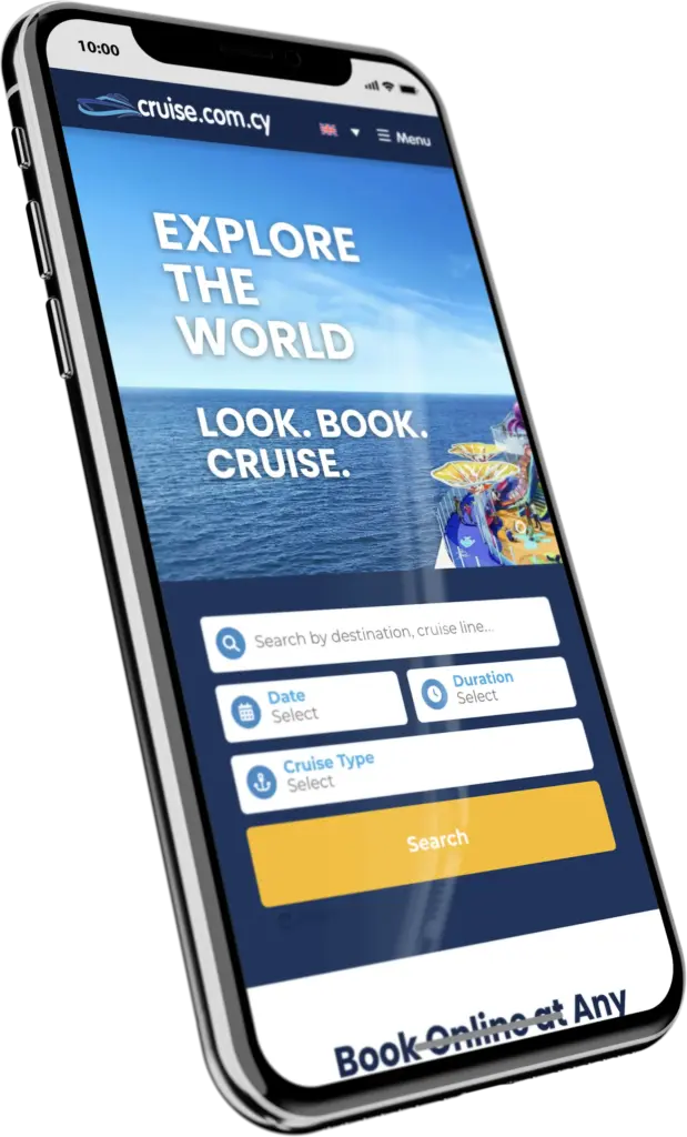 Cruise.com.cy cruise search on a phone, with destination, date, duration and cruise type filters