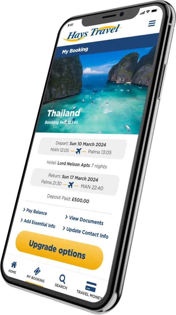 The Hays Travel app showing a customer booking for Thailand, with flight times, hotel and payment options