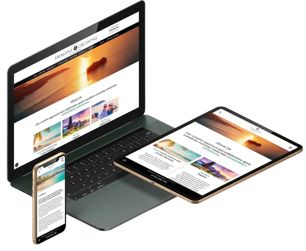 The Imagine Cruising website shown on a laptop, tablet and phone